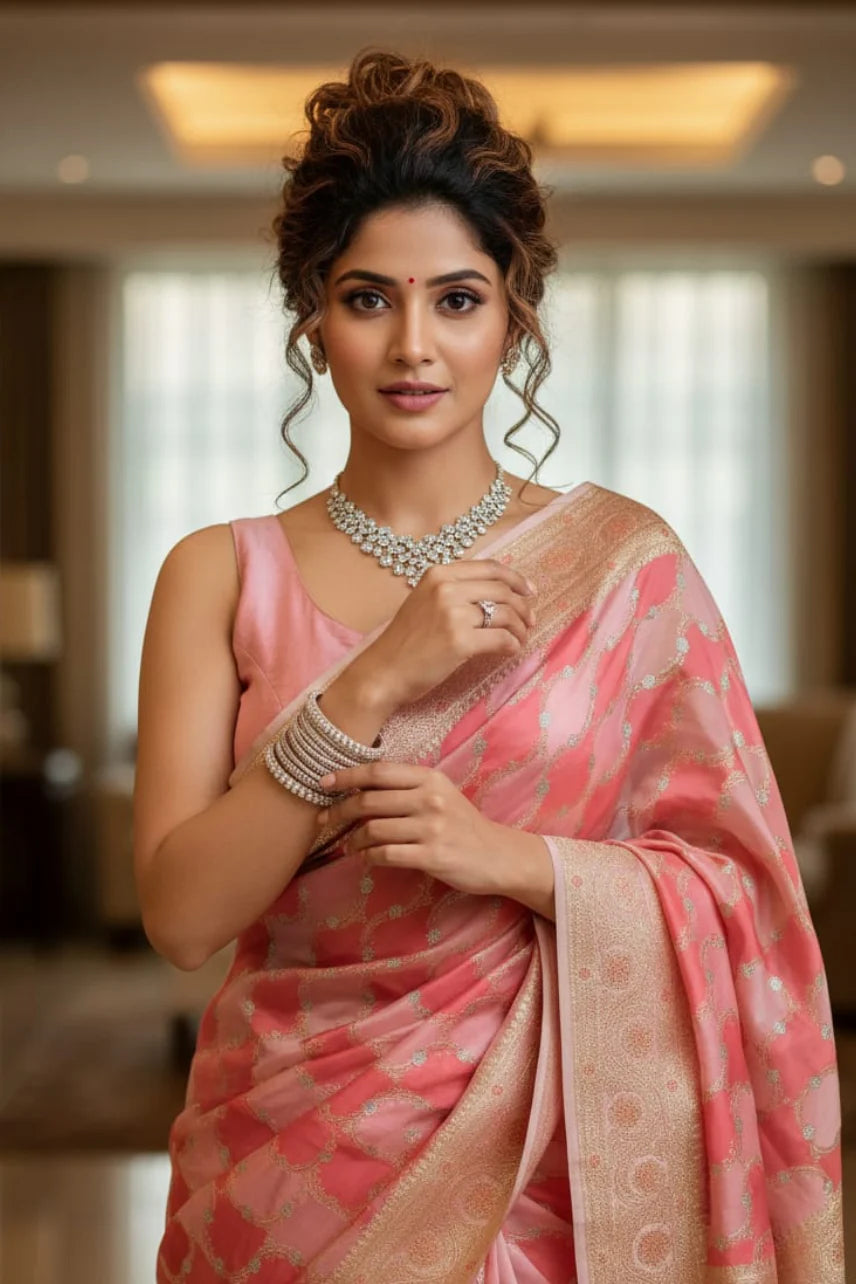 women wearing pink katan silk saree