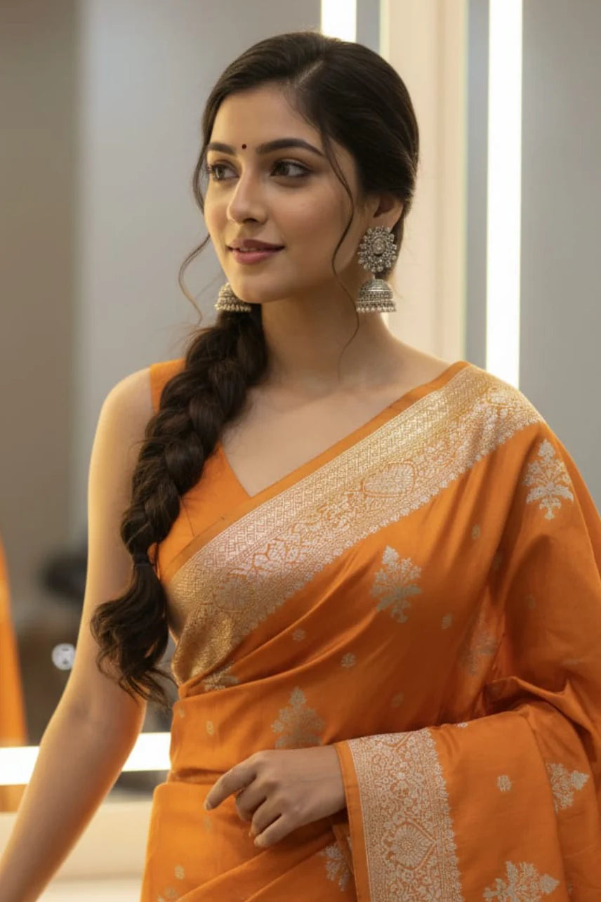 women wearing mustard dola silk saree