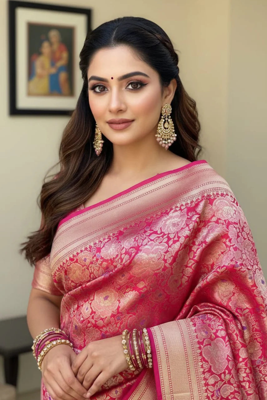 women waring pink pure katan silk saree