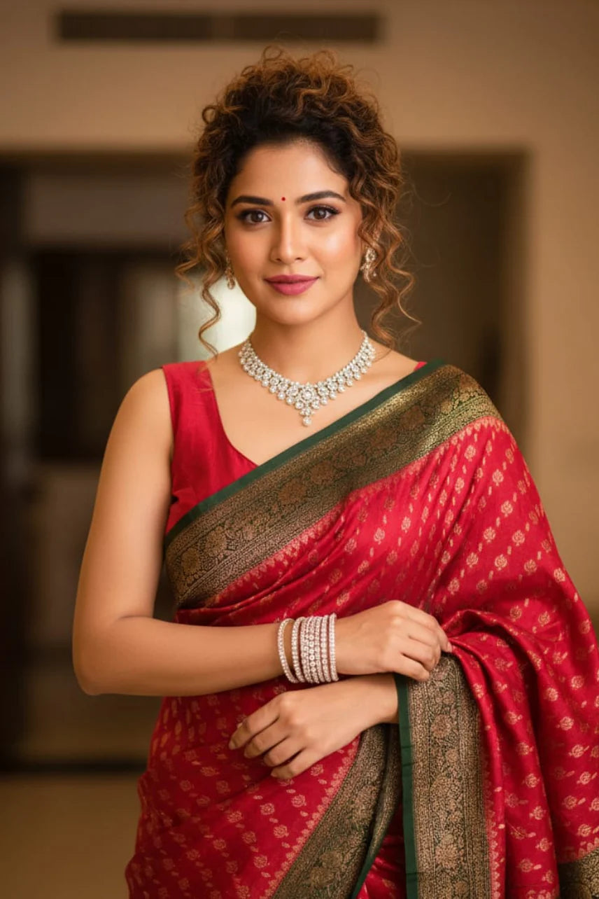 women wearing red georgette saree