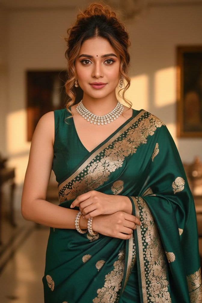 Woman in a green saree with gold details indoors