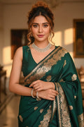 Woman in a green saree with gold details indoors
