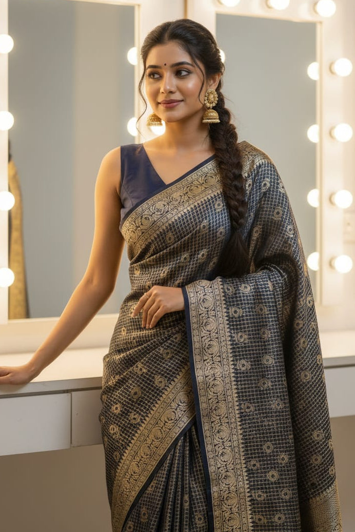 Woman in a saree standing in front of vanity mirrors with lights.