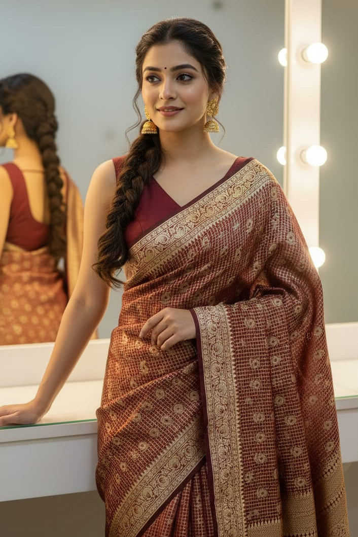 Woman in a saree standing in front of a mirror