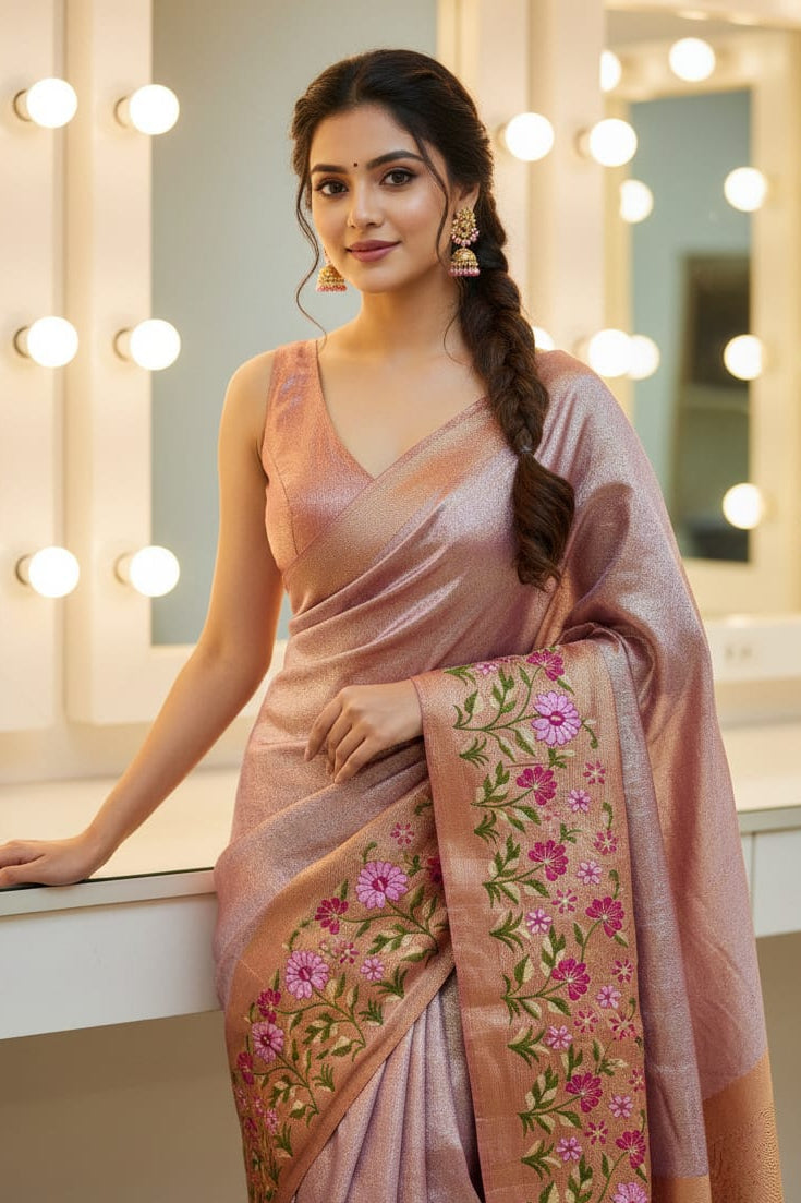 Woman wearing a pink saree with floral patterns in a well-lit room.