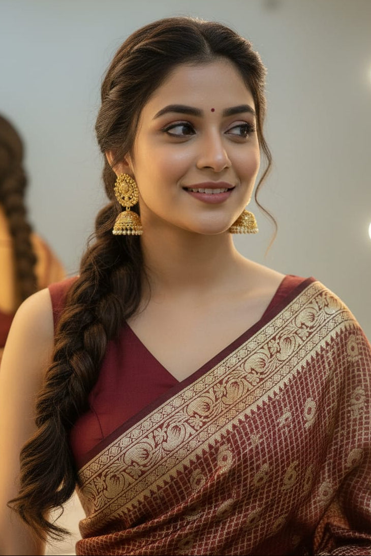 Woman wearing a maroon saree with gold patterns, smiling indoors.