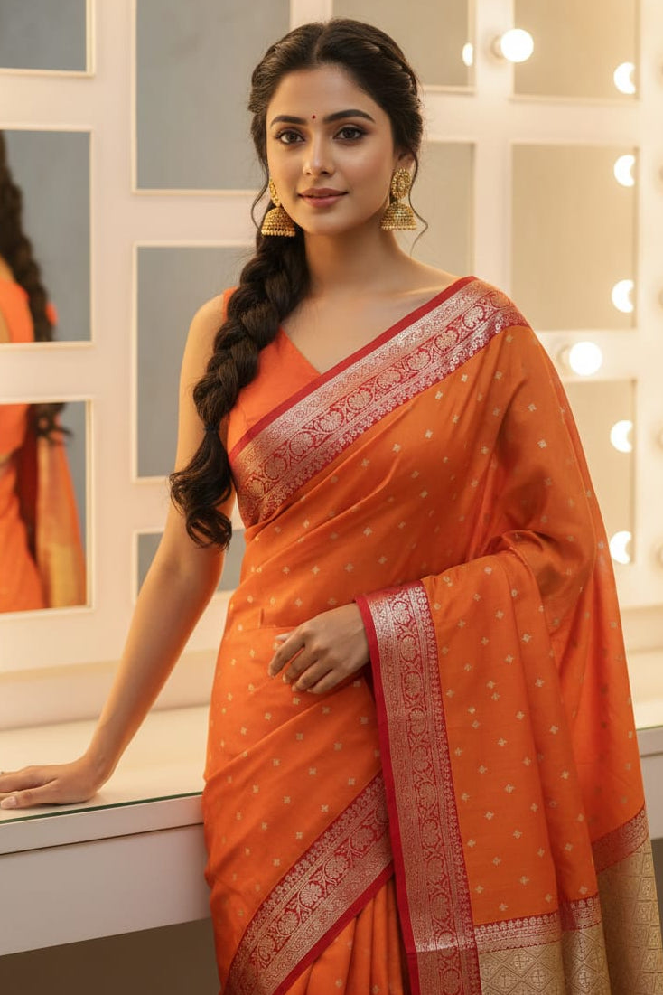 Woman wearing an orange saree with a mirror and lights in the background