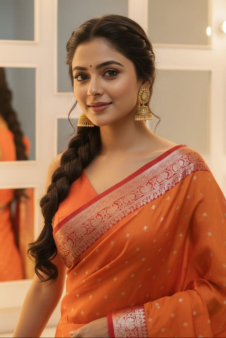 Woman wearing an orange saree with a white background