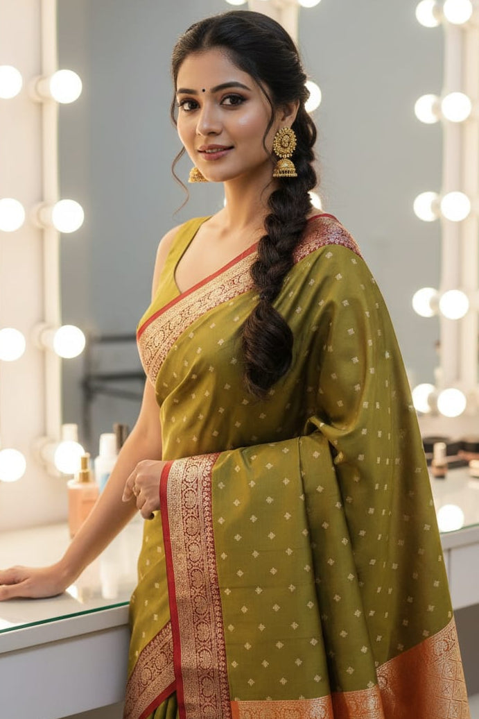 Woman in a green saree with a braid standing in front of a mirror with lights.