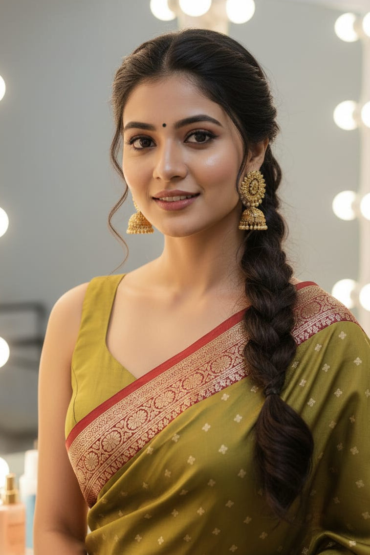 Woman in a green saree with a braid, standing in front of light bulbs.