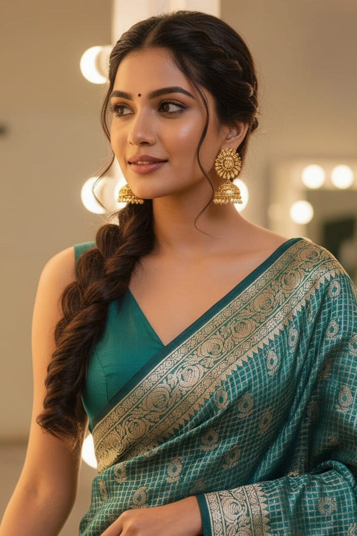 Woman in a teal saree with gold details in a well-lit room.