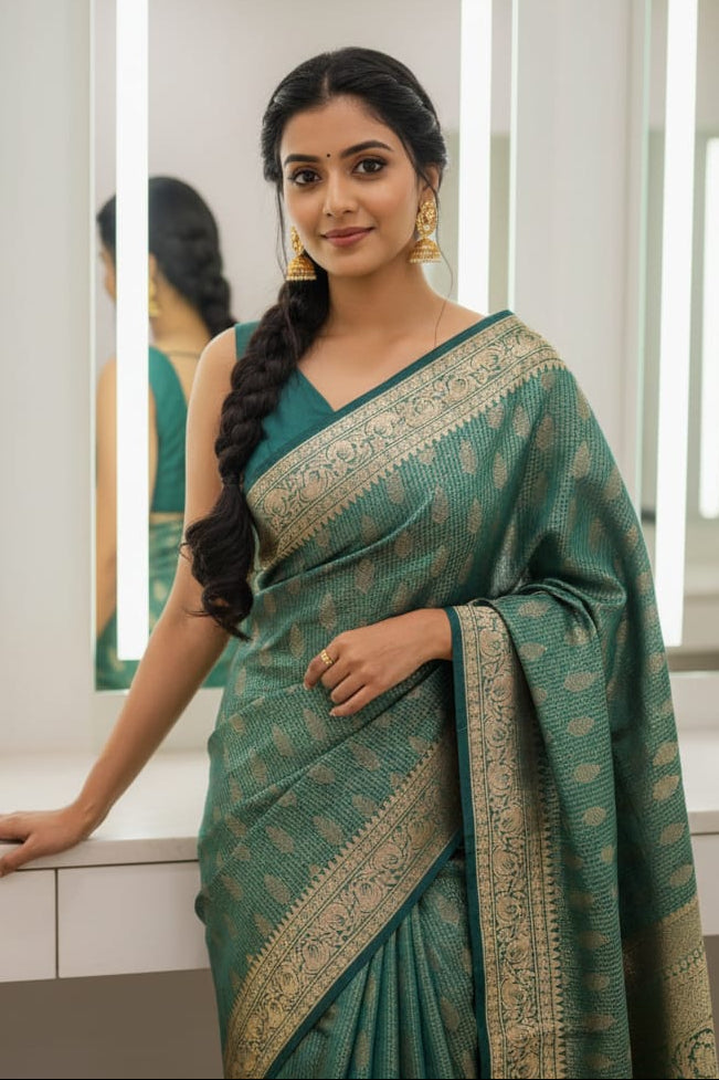 Woman wearing a green saree with a white background