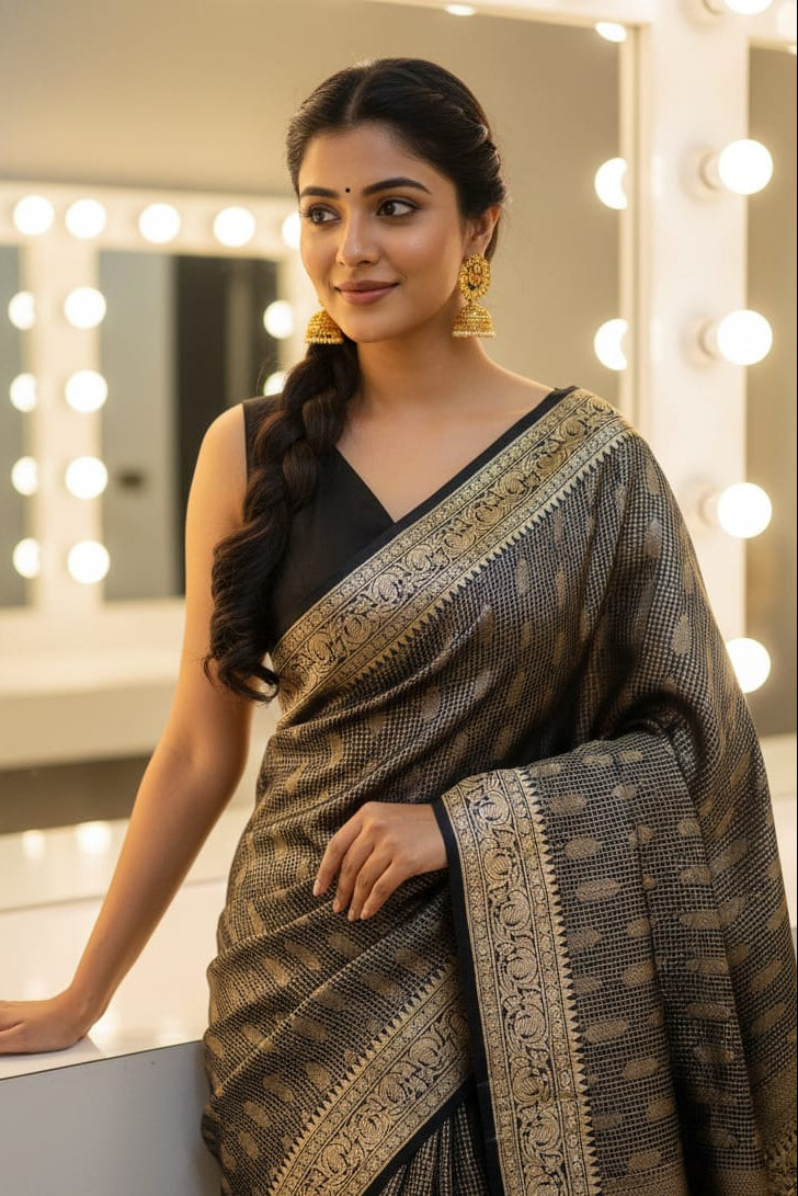Woman in a traditional saree standing in front of a mirror with lights.