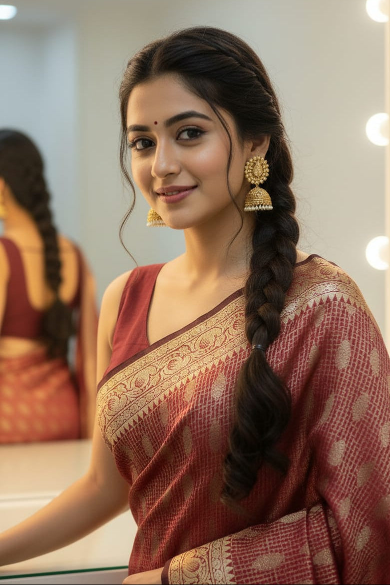 Woman in a red saree with a braid, standing in front of a mirror with lights.