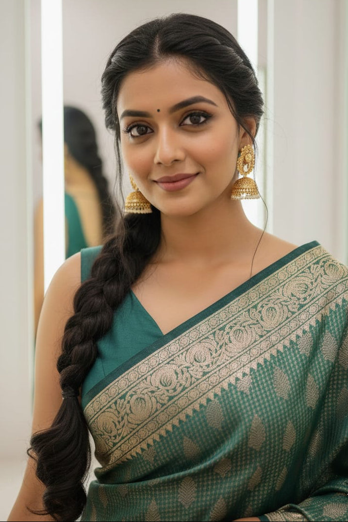 Woman wearing a green saree with a white blouse, posing indoors.