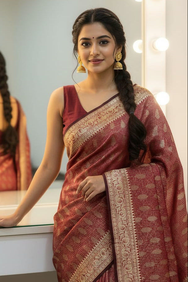 Woman wearing a traditional saree in front of a mirror
