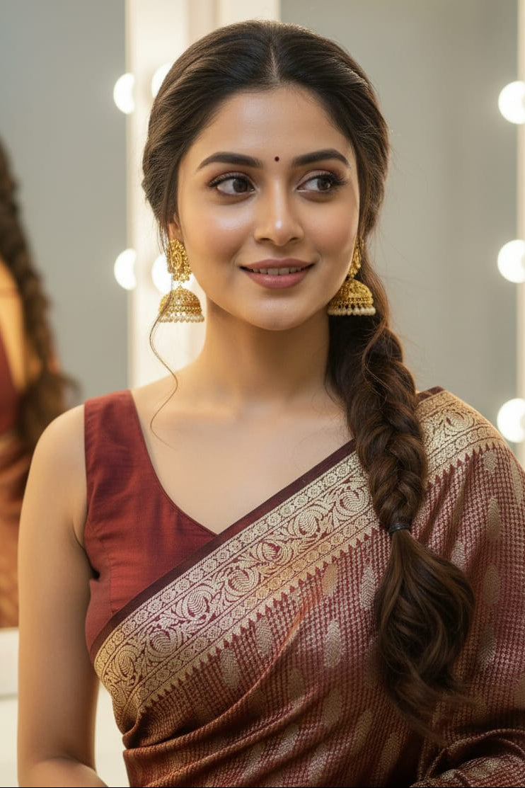 Woman in a traditional saree with a braid, wearing gold earrings, in a softly lit room.