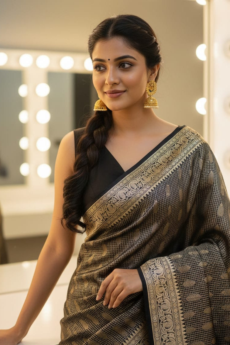 Woman in a saree with intricate patterns in a well-lit room.