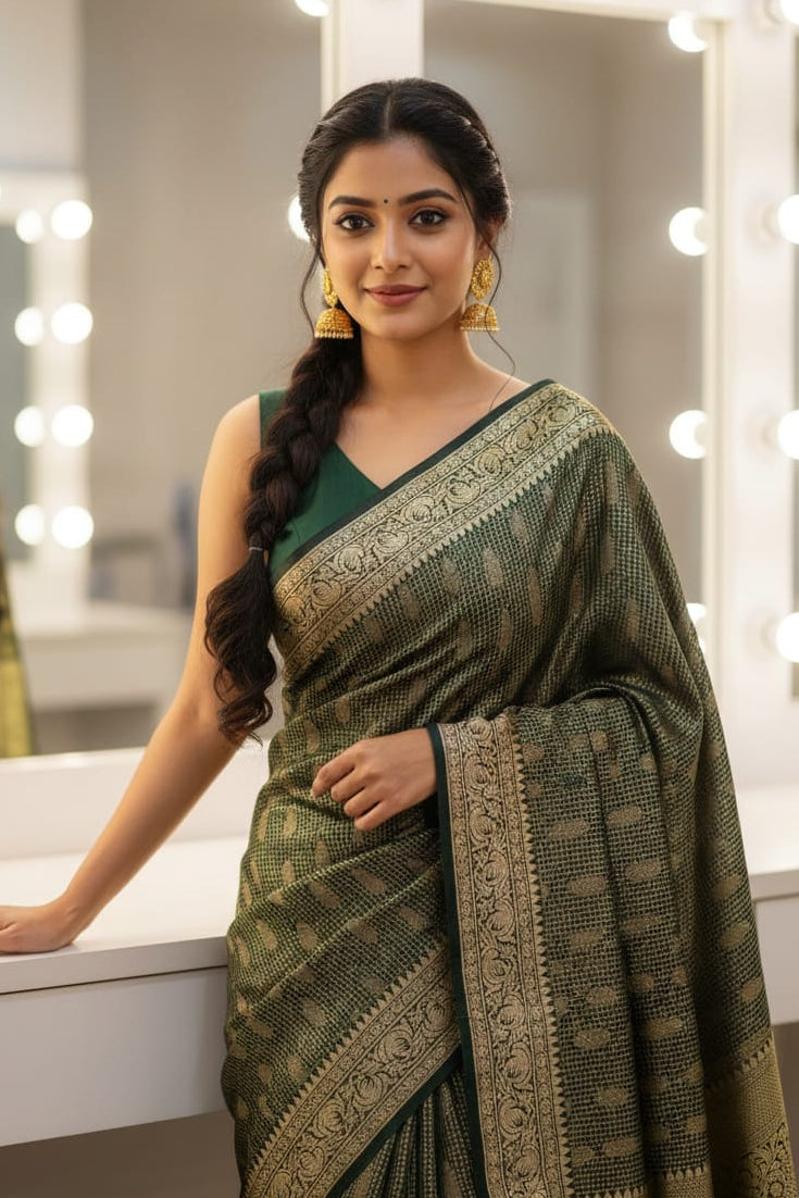 Woman in a green saree with a matching blouse in front of a mirror.