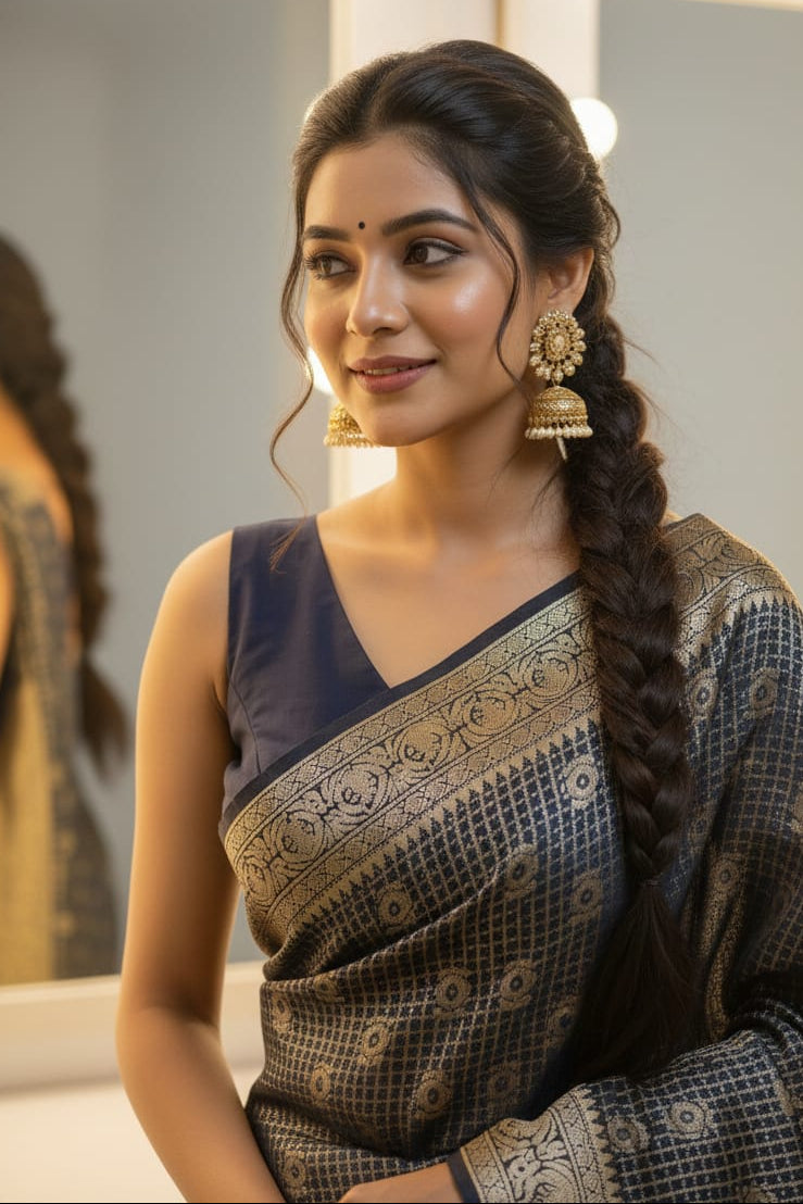 Woman in a saree with a braid, standing in front of a mirror.