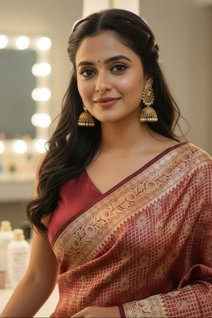Woman in a traditional saree with gold jewelry in a vanity mirror setting