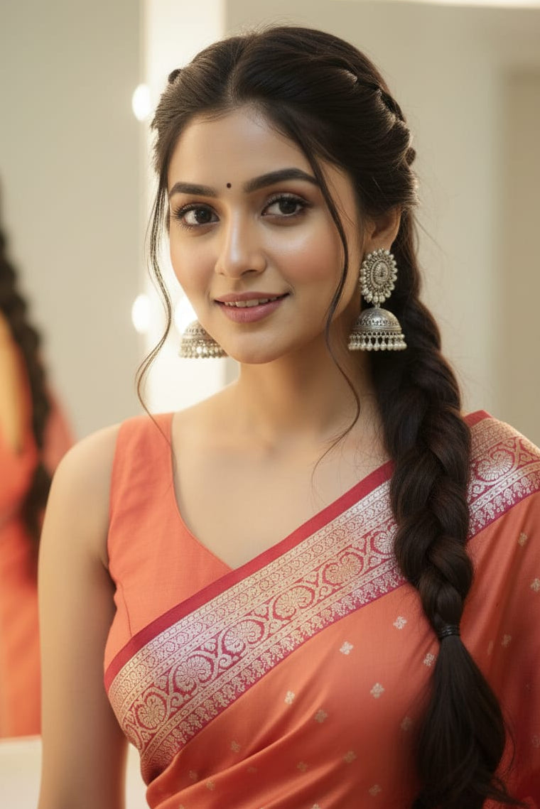Woman wearing an orange saree with a decorative braid and earrings indoors.
