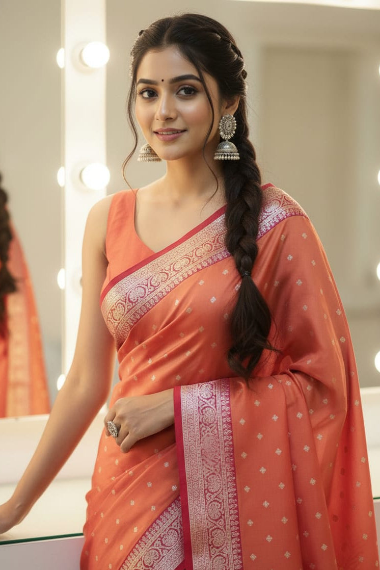 Woman in an orange saree with a white border standing in front of a mirror with lights.