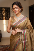 woman wearing a plain brown saree with multicolor border