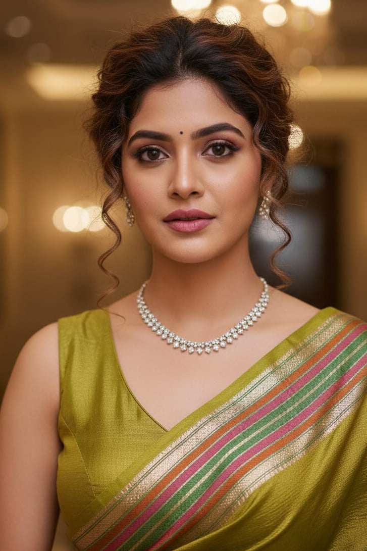 woman in a yellow saree indoors