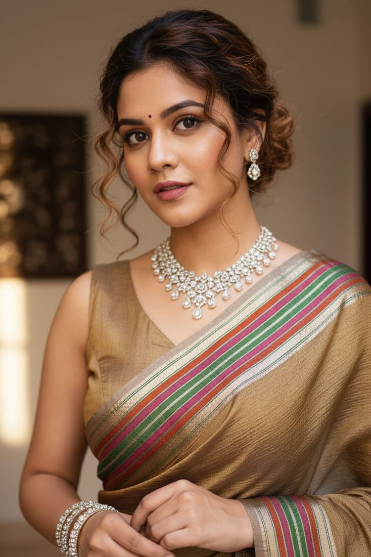 woman in a brown saree with blurred background