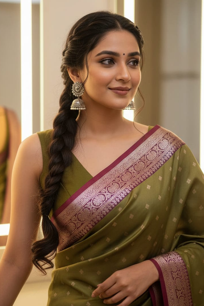 Woman in a green saree with a maroon border, standing indoors.