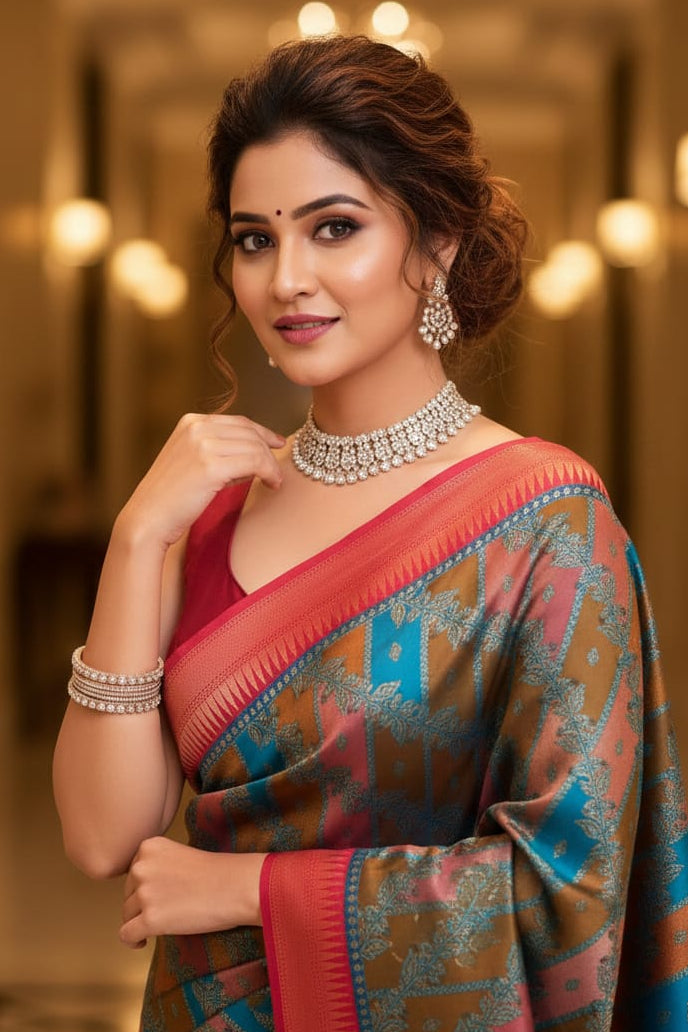 Woman in a traditional saree with jewelry in an elegant indoor setting