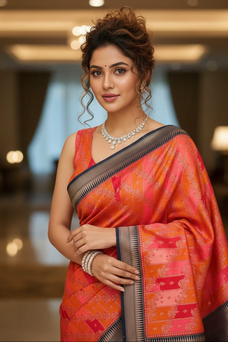 Woman in an orange saree with a blurred indoor background