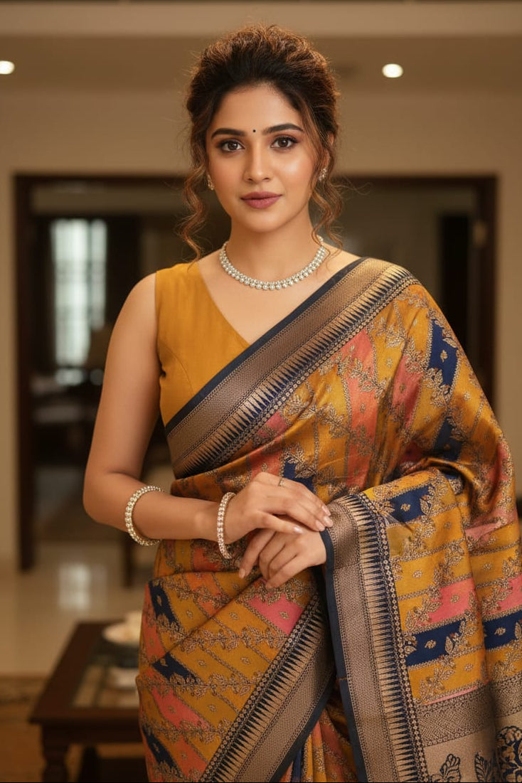 Woman in a colorful saree standing indoors
