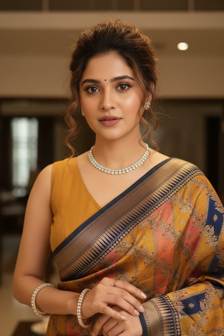 Woman in a traditional saree with a blurred indoor background