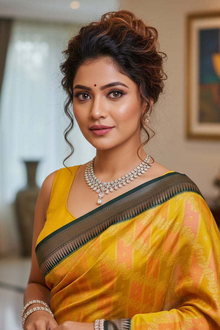 Woman in a yellow saree with a decorative border indoors