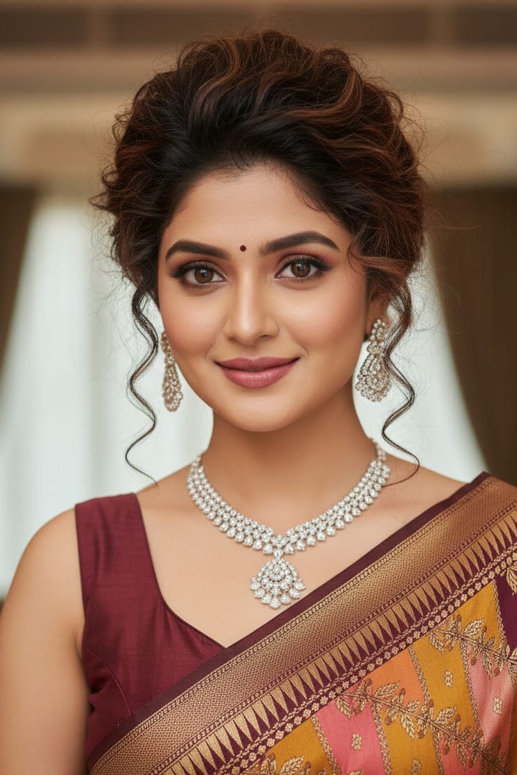 Woman wearing a traditional saree with jewelry against a blurred background