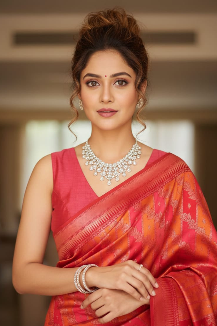 Woman in a red saree with a blurred background