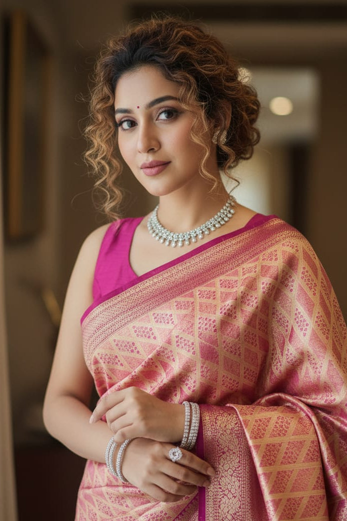 Woman in a pink saree with a blurred indoor background
