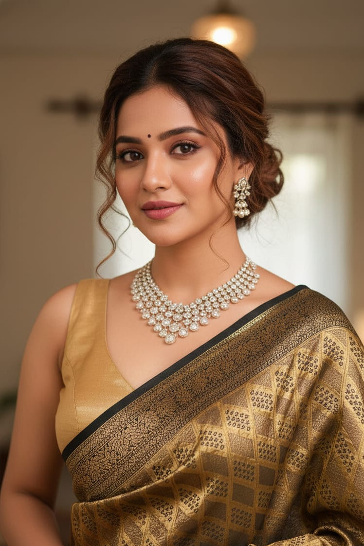 Woman wearing a gold saree with intricate patterns and jewelry indoors.