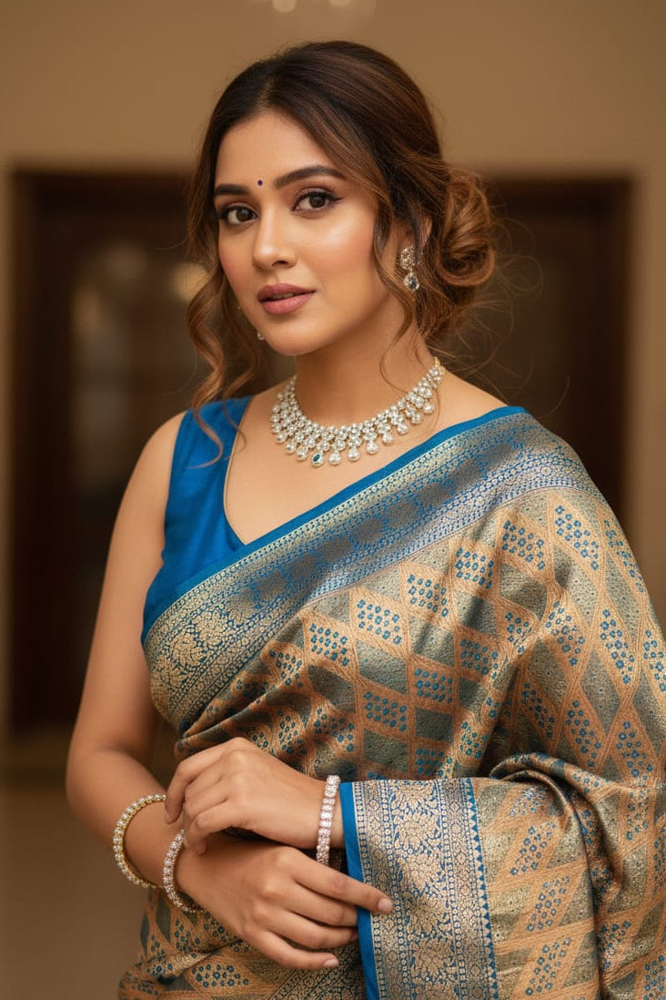 Woman wearing a traditional saree with a blue blouse in an indoor setting