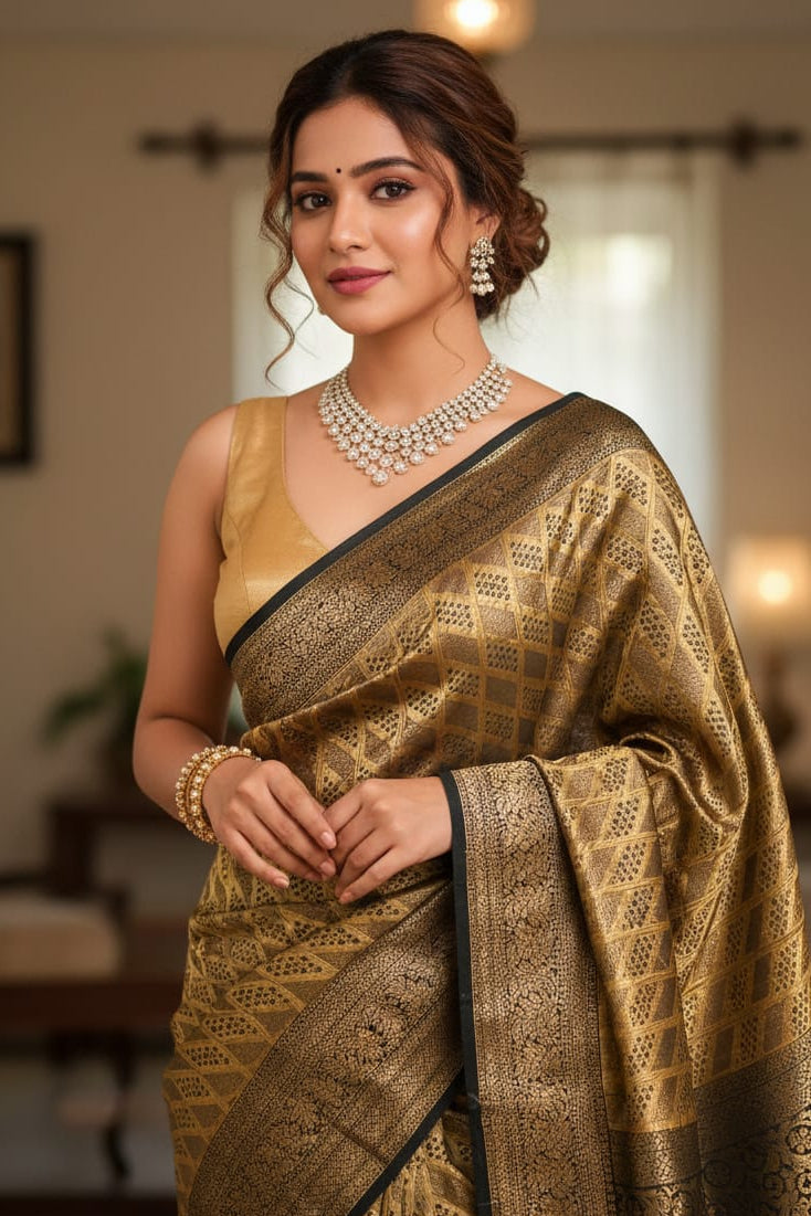 Woman wearing a traditional gold saree with a blurred indoor background