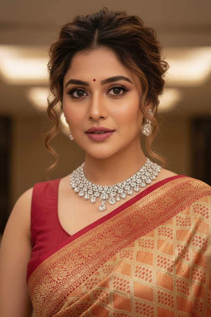 Woman wearing a traditional saree with jewelry indoors