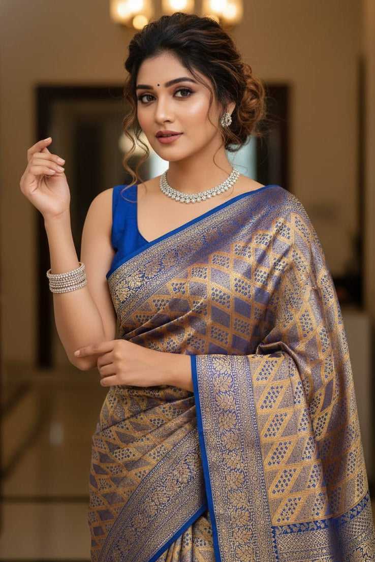 Woman wearing a traditional saree with a blue blouse in an indoor setting