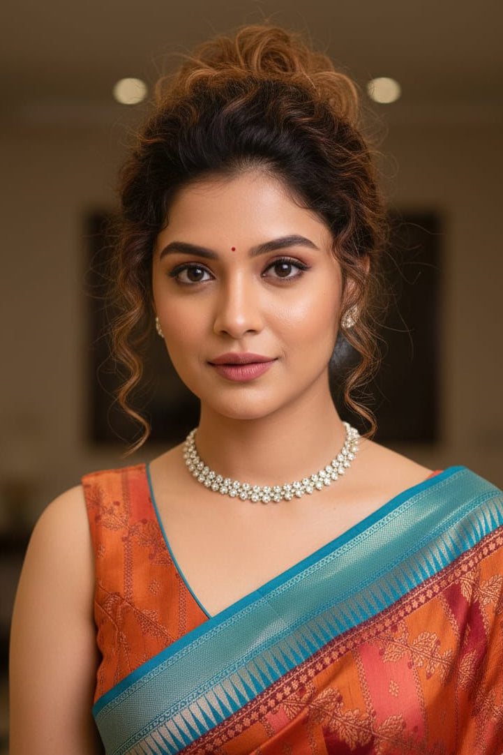 Woman wearing an orange saree with a blue border indoors