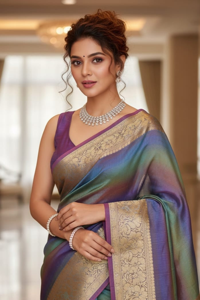 Woman wearing a traditional saree with a blurred indoor background