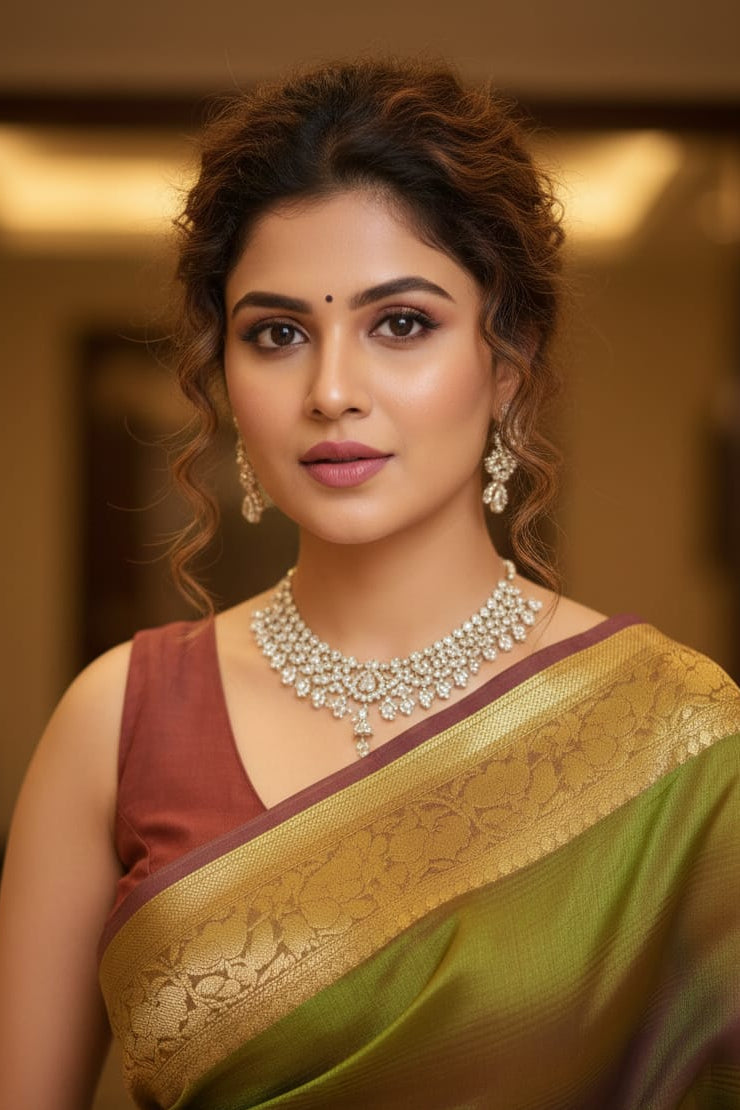 Woman wearing a traditional saree with jewelry against a blurred background