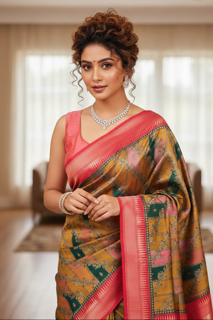 Woman wearing a traditional saree with a pink blouse in an indoor setting