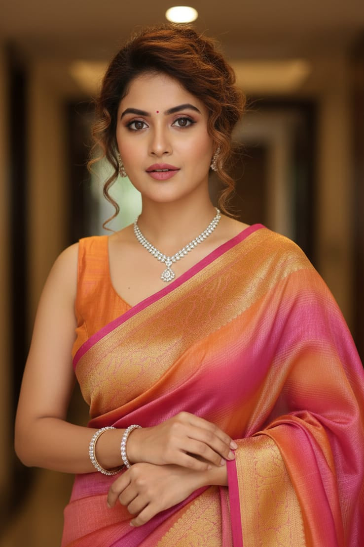 Woman wearing a colorful saree with jewelry indoors