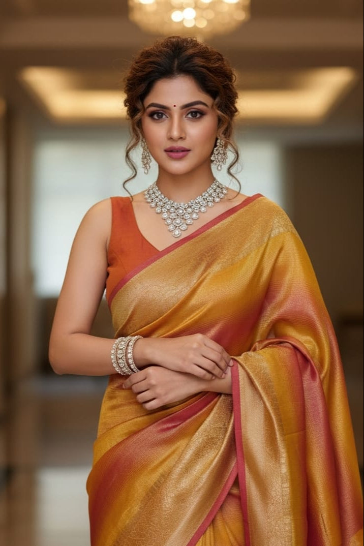 Woman in a yellow saree with an orange blouse, wearing jewelry indoors.